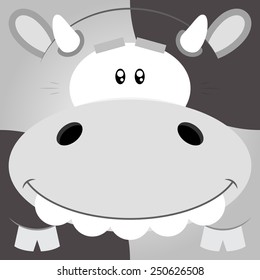 Vector illustration. Funny cartoon spotted cow. Closeup animal in square flat style.