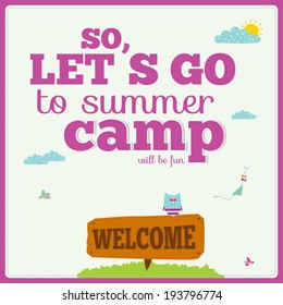 Vector illustration in a funny and cartoon style design with place for text. Bright background with cute elements. Spring or summer season. Template for Travel and Camp.