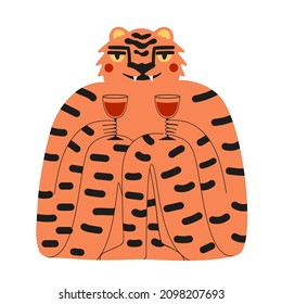 Ilustración vectorial con tigre divertido estilo caricatura y vasos de vino tinto. Diseño de impresión de celebraciones de moda con el símbolo del nuevo año 2022, afiche de plantillas de fiestas divertidas