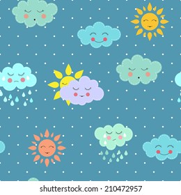 Vector illustration of funny cartoon sun and clouds with different faces. Flat design. Seamless pattern