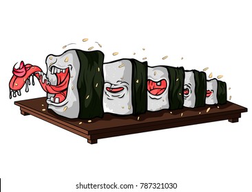 Vector illustration of a funny cartoon sushi. Print with Japanese food.