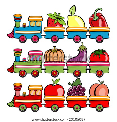 Vector illustration of funny cartoon train, moving  the fruits and vegetables
