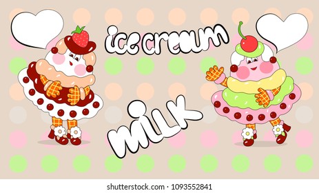 Vector illustration of funny cartoon cartoon Two chocolate ice cream cakes and cream. Words milk and ice cream