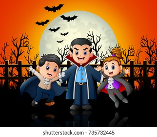 Vector illustration of Funny cartoon vampire with costume at night background