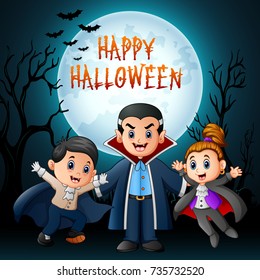 Vector illustration of Funny cartoon vampire with costume at night background