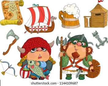 Vector illustration. Funny cartoon Viking and his wife. A set of attributes.