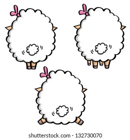 Vector illustration of funny cartoon white sheep in three poses.  back view