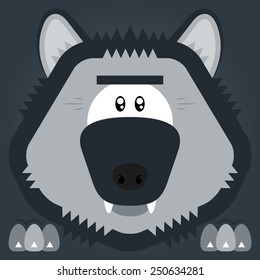 Vector illustration. Funny cartoon wolf. Closeup animal in square flat style.