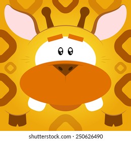 Vector illustration. Funny cartoon yellow giraffe. Closeup animal in square flat style.