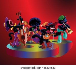 vector illustration, funny cat band playing on stage, cartoon concept
