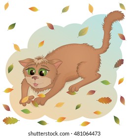 Vector illustration of a funny cat with big green eyes and playing with autumn colored leaves. Can be used for children books and cards