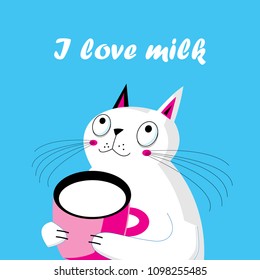 Vector illustration of a funny cat with a Cup of milk cartoon on a blue background