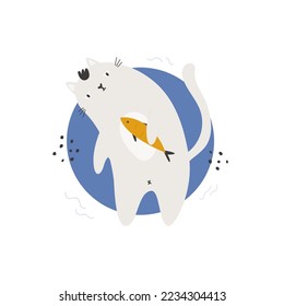 Vector illustration of a funny cat with fish lying on a floating ring. Perfect for holiday prints, greeting cards, frame art