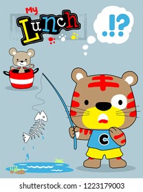 Vector illustration of funny cat fishing catching fish bone, little mouse on bucket