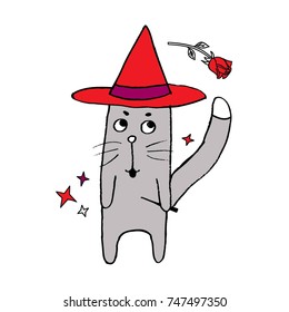 Vector illustration. Funny cat magician with rose. Cartoon style. Doodle.