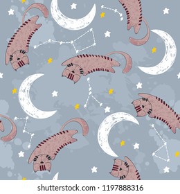 Vector illustration with funny cat and moon. Sweet dreams.