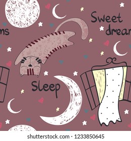 Vector illustration with funny cat and moon. Sweet dreams.