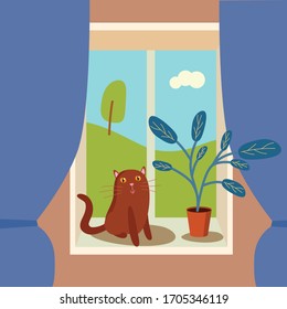 Vector illustration with funny cat on window saw plant and view from the window