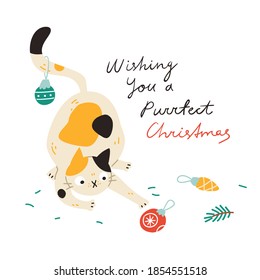 Vector illustration of funny cat playing with Xmas ornaments and Merry Christmas wishes in modern cartoon style. Design element for a banner, poster or card. Isolated on white background.