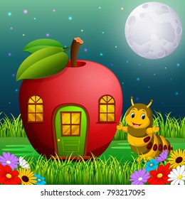 vector illustration of funny caterpillar and a apple house in forest