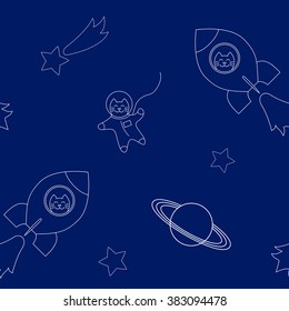 Vector illustration funny cats flying in space ship and space suit in the middle of stars and planets seamless pattern, white outlines against dark blue background