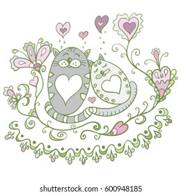 Vector illustration of funny cats with hearts.
