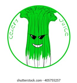 Vector illustration funny celery cartoon character in a round frame with handwritten words Celery Juice against white background