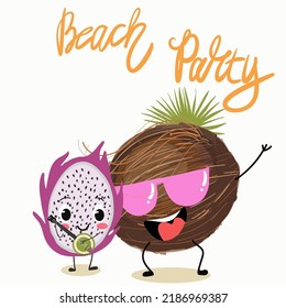 Vector illustration of funny character, cartoon pitaya, pitahaya, dragon fruit plays the banjo, coconut with glasses. Beach party inscription.