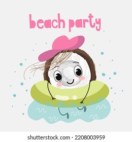 Vector illustration of a funny character, cartoon, coconut floating in the sea, ocean, pool in an inflatable circle. Beach party lettering.