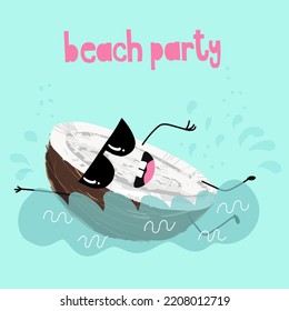 Vector illustration of a funny character, cartoon floating in the water, pool, sea, ocean, wearing glasses. Beach party inscription.