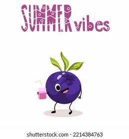 Vector illustration of funny character, cartoon character, blueberries, funny fruits, summer vibes, party, beach.