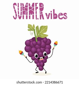 Vector illustration of funny character, cartoon character, grapes, funny fruits, summer vibes, party, beach.