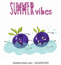 Vector illustration of funny character, cartoon character, grapes, funny fruits, blueberries, summer vibes, party, beach.