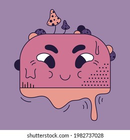 Ilustración vectorial de un personaje gracioso al estilo doodle. Un monstruo gordito sonriente con hongos en la cabeza. Carácter abstracto para los niños. Ilustración del vector