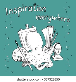 Vector illustration of funny character octopus artist with art materials and spray. hand drawn graphic sketch
