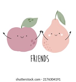 Vector illustration with funny characters apple and pear. Fruit poster design