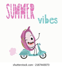 Vector illustration of funny characters, cartoon pitahaya, pitahaya, dragon fruit rides a scooter, waves and winks. Lettering for summer vibes.