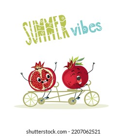Vector illustration of funny characters, cartoon couple of pomegranates rides on a tandem, Summer vibes inscription.