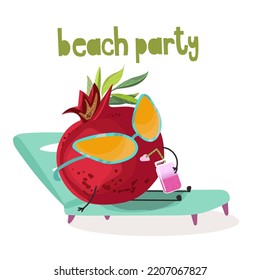 Vektorgrafik von lustigen Charakteren, Cartoon pomegranate Sonnenbäder auf einer Lounge in Gläsern, mit einem Cocktail, Smoothie, frische ,Beach-Party-Einschreibung.