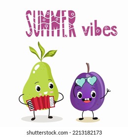 Vector illustration of funny characters, cartoon characters, pear and plum, funny fruits, summer vibes, party, beach.