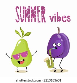 Vector illustration of funny characters, cartoon characters, pear and plum, funny fruits, summer vibes, party, beach.