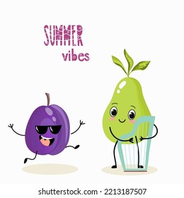 Vector illustration of funny characters, cartoon characters, pear and plum, funny fruits, summer vibes, party, beach.