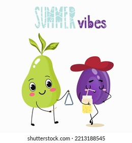 Vector illustration of funny characters, cartoon characters, pear and plum, funny fruits, summer vibes, party, beach.