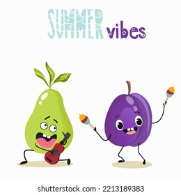 Vektorgrafik von lustigen Charakteren, Cartoon-Figuren, Birnen und Pflaumen, lustigen Früchten, Sommervibes, Party, Strand.