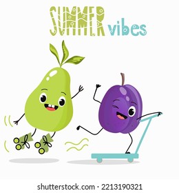 Vector illustration of funny characters, cartoon characters, pear and plum, funny fruits, summer vibes, party, beach.