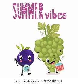 Vector illustration of funny characters, cartoon phenomena, blueberries and grapes, funny fruits, summer vibes, summer party.