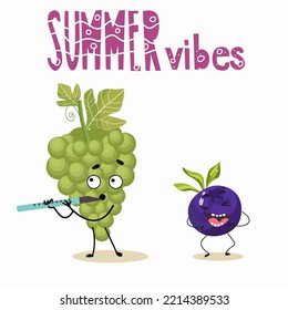 Vector illustration of funny characters, cartoon characters, pear and plum, funny fruits, summer vibes, party, beach.