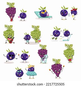 Vector illustration of funny characters, cartoon characters, blueberries and grapes, with musical instruments, childish design for t-shirt, ingredients, funny fruits, berries, chill out, summer vibes,