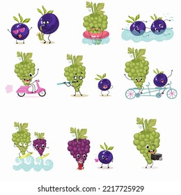 Vector illustration of funny characters, cartoon characters, blueberries and grapes, with musical instruments, childish design for t-shirt, ingredients, funny fruits, berries, chill out, summer vibes,