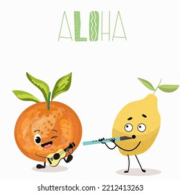 Vector Illustration Of Funny Characters, Cartoons, Lemon Playing Fife, Flute, Orange, Mandarin Playing Ukulele, Funny Fruit, Summer Vibes, Beach Party, Summer Sale.